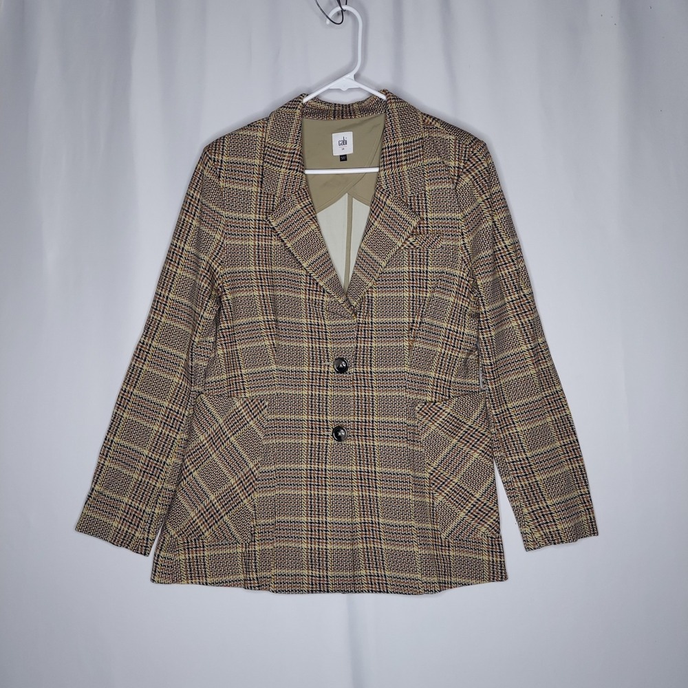 Cabi Jacket Womens 14 Brown Yellow Plaid Ponte Knit 20Button Pocket Collar Greek